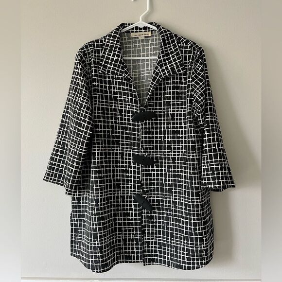 Caroline Rose Women's Black White Square Wood Button Down Tunic Jacket Topper - Picture 1 of 7